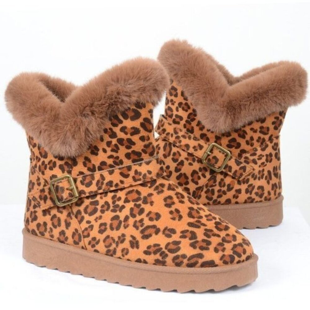 NIB Leopard Fur Short Durable Ankle Vegan Suede Bootie Warm Winter Women's 5